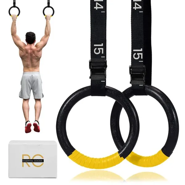 Workout Rings with Adjustable Straps - 15 Feet Long Can Hold Upto 661 Pounds/300 KG - Ideal for Training - Non Slip Tape Grip (Set of 2)