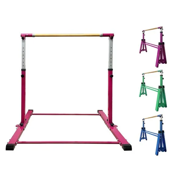 Peakpath Foldable&Moveable Gymnastics Kip Bar, Updated Expandable Home Gym Equipment for Kids Junior,Strong Fiberglass Rail, Adjustable Height 3'-5' Gymnastics Bar,300lbs Weight Limit (NPINK)