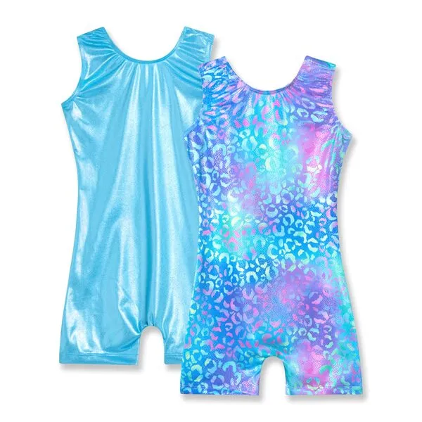 Nymphperi 2 Packs Gymnastics Leotard for Girls Sparkle Biketards with Shorts Kids Sleeveless Unitard One-Piece Dancewear