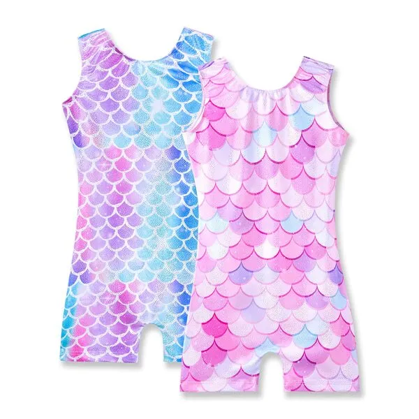 Nymphperi 2 Packs Gymnastics Leotard for Girls Sparkle Biketards with Shorts Kids Sleeveless Unitard One-Piece Dancewear