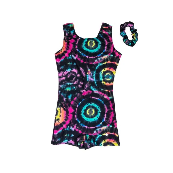 Destira Totally Tie Dye Gymnastic Unitard For Girls, Neon Bullseye Tie Dye Biketard, Matching Scrunchie Included