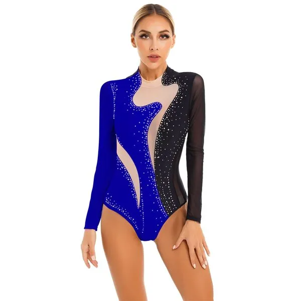 FEESHOW Women Gymnastics Leotards Rhinestone Ballet Dance Leotards Long Sleeve Dance Costumes Bodysuit Tops