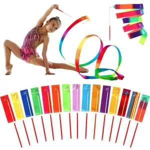 Yilloog Rainbow Dance Ribbon 78.7 Inch Gymnastics Ribbon Streamers Rainbow Artistic Ribbon Dancer Twirling Wands Rhythmic Gymnastics Ribbon for Kids Dancing Party (Mixed Color, 15 Pieces)