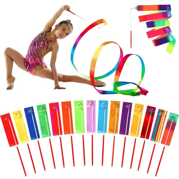 Yilloog Rainbow Dance Ribbon 78.7 Inch Gymnastics Ribbon Streamers Rainbow Artistic Ribbon Dancer Twirling Wands Rhythmic Gymnastics Ribbon for Kids Dancing Party (Mixed Color, 15 Pieces)