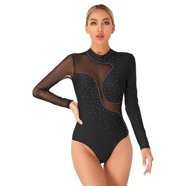 iiniim Women's Rhinestone Ballet Dance Leotard Mesh Long Sleeve Gymnastics Leotards Bodysuit Tops Dancewear