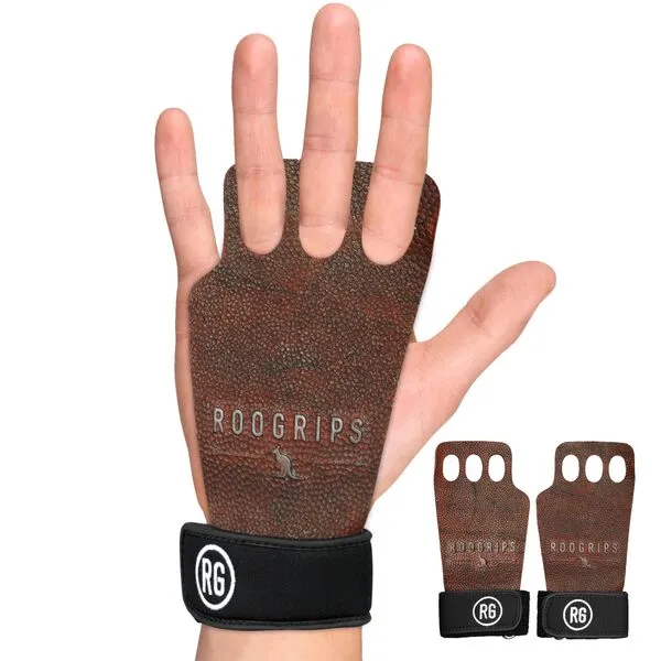 RooGrips - 3-Finger Durable Protective Leather Hand Grips, Weightlifting and Gymnastics Grips, Non-Slip Pull Up Gloves for Men and Women