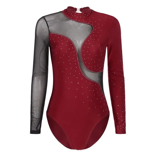 Freebily Womens Sheer Mesh Long Sleeve Bodysuit Sequined Mock Neck Tassel Leotards Dancewear