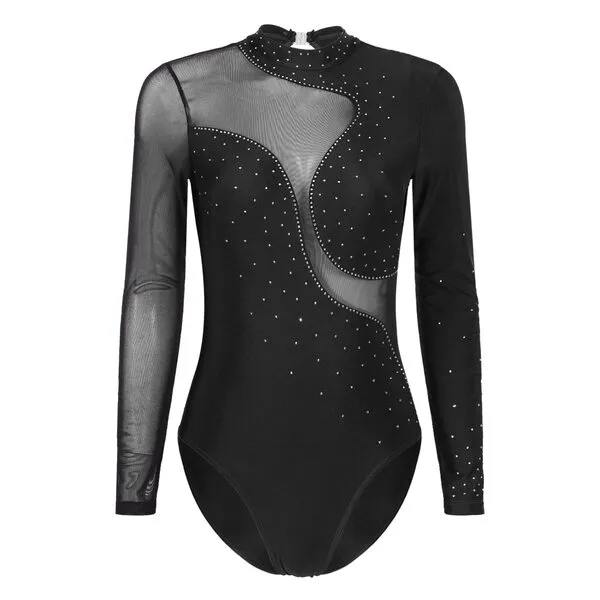 Freebily Womens Sheer Mesh Long Sleeve Bodysuit Sequined Mock Neck Tassel Leotards Dancewear