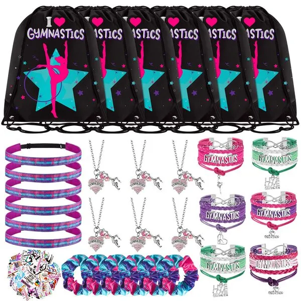 Kigeli 130 Pcs Gymnastics Gifts for Girls 6 Sets Gymnastics Gifts Bulk Gymnastics Drawstring Bag and Headband Gymnastics Bracelet and Necklace Gymnastics Scrunchies and Stickers for Party Favors