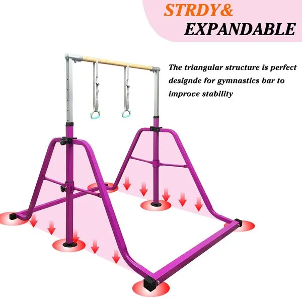 kechery Foldable Gymnastics Bar with Mat, Rings and Bar Pad for Junior Kids, 3'-5' Adjustable Height and Expandable Gymnastics Horizontal Bar Indoor Equipment for Kid's Training at Home.