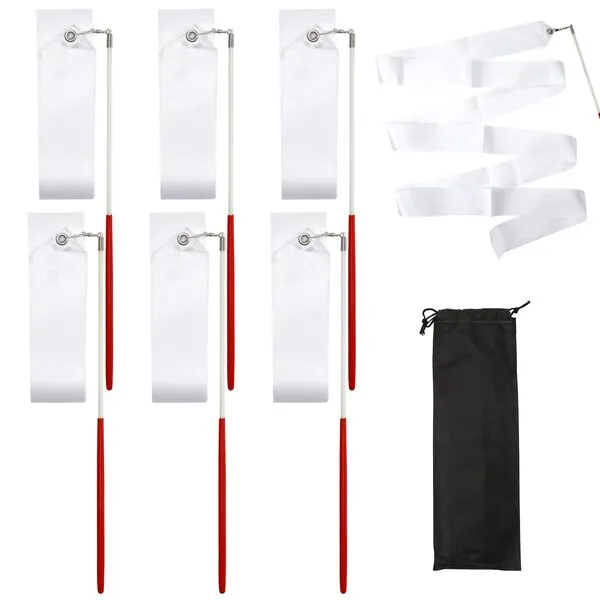 Xokipol 6 Pcs White Gymnastics Ribbon with Storage Bag, Dance Streamers with Baton Rhythmic Gymnastics Ribbon Wands for Kids, Ribbon Dancer Wand for Professional Adults Children