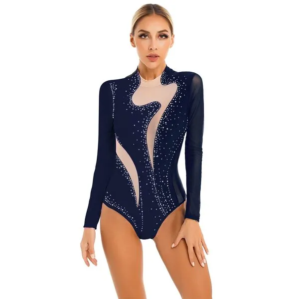 Yeahdor Women Ballet Dance Leotard Turtleneck Long Sleeve Gymnastics Leotards Rhinestone Bodysuit Tops