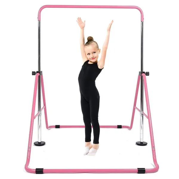 CHAMPIONPLUS Gymnastics Bars,Height Adjustable Gymnastic Horizontal Bars,Junior Training Bar Children Folding Training Monkey Bars for Kids, Pink