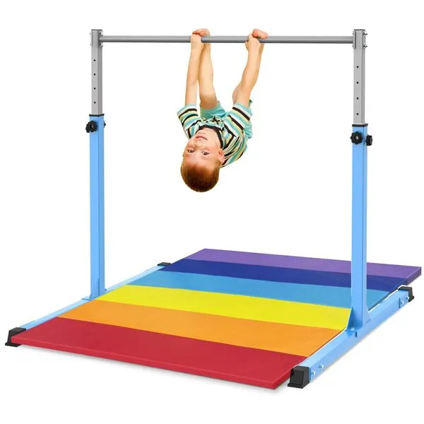 Safly Fun Gymnastics Bar with Mat for Kids Ages 3-15 for Home - Steady Steel Construction, Anti-Slip, Easy to Assemble, 3' to 5' Adjustable Height