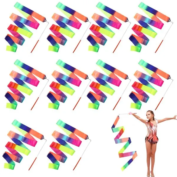 10Pcs Ribbon Wands Rainbow Dance for Kids, 78.74 Inch Soft Rhythmic Gymnastics Ribbon Wand with Rod, Rainbow Ribbon Twirling Dance Streamers for Kids Girls Adults Artistic Dancing Training (Colorful)