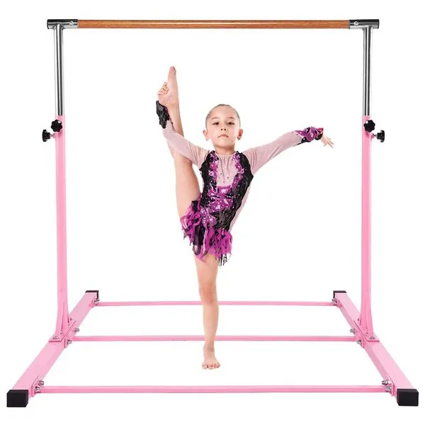 Dai&F Gymnastics Bar for Kids, Adjustable Height 3'-5' Junior Gymnastics Bars for Home, Horizontal Training Bar with Fiberglass Rail & Stainless Steel Regulating Arms