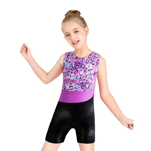 Belovance Leotards for Girls Gymnastics with Shorts Sparkle Butterfly Flowers Pattern Sleeveless Biketards Hotpink Black