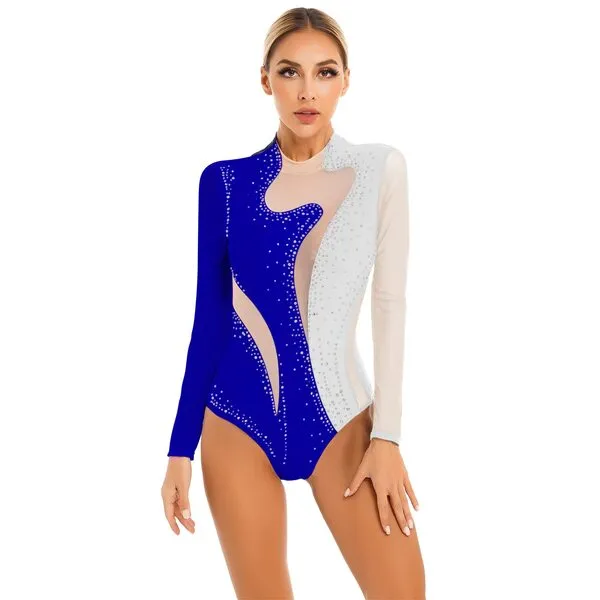 iiniim Women's Rhinestone Ballet Dance Leotard Mesh Long Sleeve Gymnastics Leotards Bodysuit Tops Dancewear