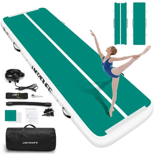 HMTAOLIFE Gymnastics Mat Air Tumble Track[with SHOULDER STRAP], 6.6/10/13/16/20ft Inflatable Training Mat for Kids, Thickness Floor Mat with Electric Air Pump for Home/Water Fun/Train