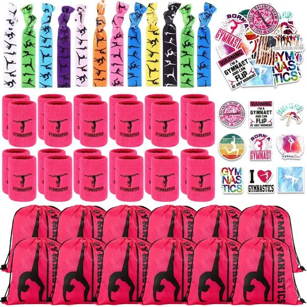 Xtinmee 136 Pcs Gymnastic Gift Gymnastics Party Favor Wristband Sweatband Drawstring Backpack Gymnastics Bag Girl Ponytail Holders Hair Ties 100 Temporary Tattoos Gymnastics Stickers for Team Members