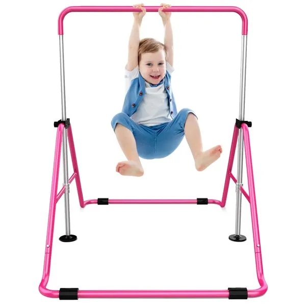 Sportsroyals Gymnastics Bar for Kids, Adjustable Height Gymnastics Equipment for Girls, Folding Gymnastic Junior Training Kip Bar for Home, Pink