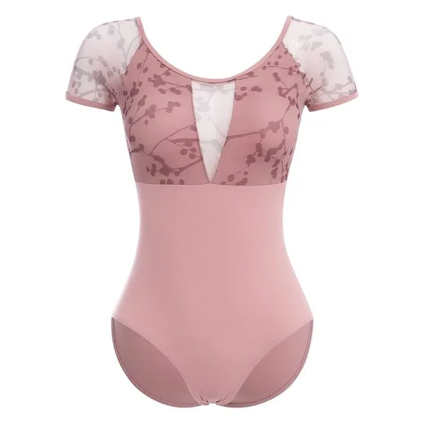 Ballet Leotard for Women Floral Mesh Short Sleeve Dance Leotard Adult Ballerina Outfits Active Gymnastics Leotards