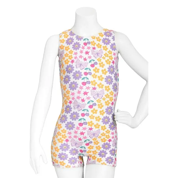 Destira Daisy Smile Gymnastic Unitard For Girls, Daisies, Butterflies and Cherries Biketard, Matching Scrunchie Included