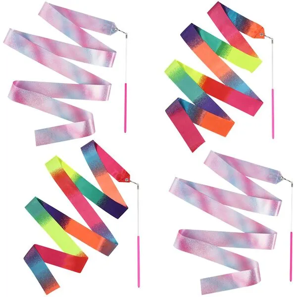 TOYMIS 4pcs Ribbons for Gymnastics, 78.7 Inch Sparkling Dance Ribbon Rainbow Ribbon Dancer Wand Streamer on a Stick for Kids Girls Artistic Dancing Training Birthday Party Favors